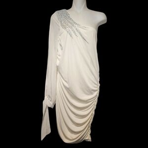 Deb White One-Shoulder Dress with Silver Accents